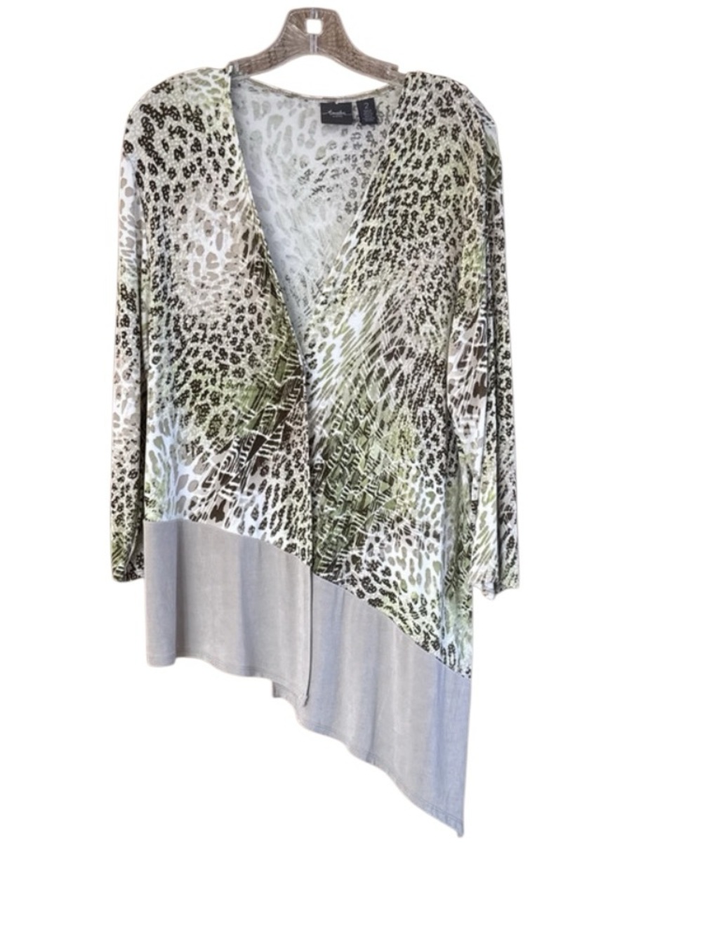 Chicos Womens Size 2 Large Travelers Green Tan Animal Print Asymmetric Cardigan